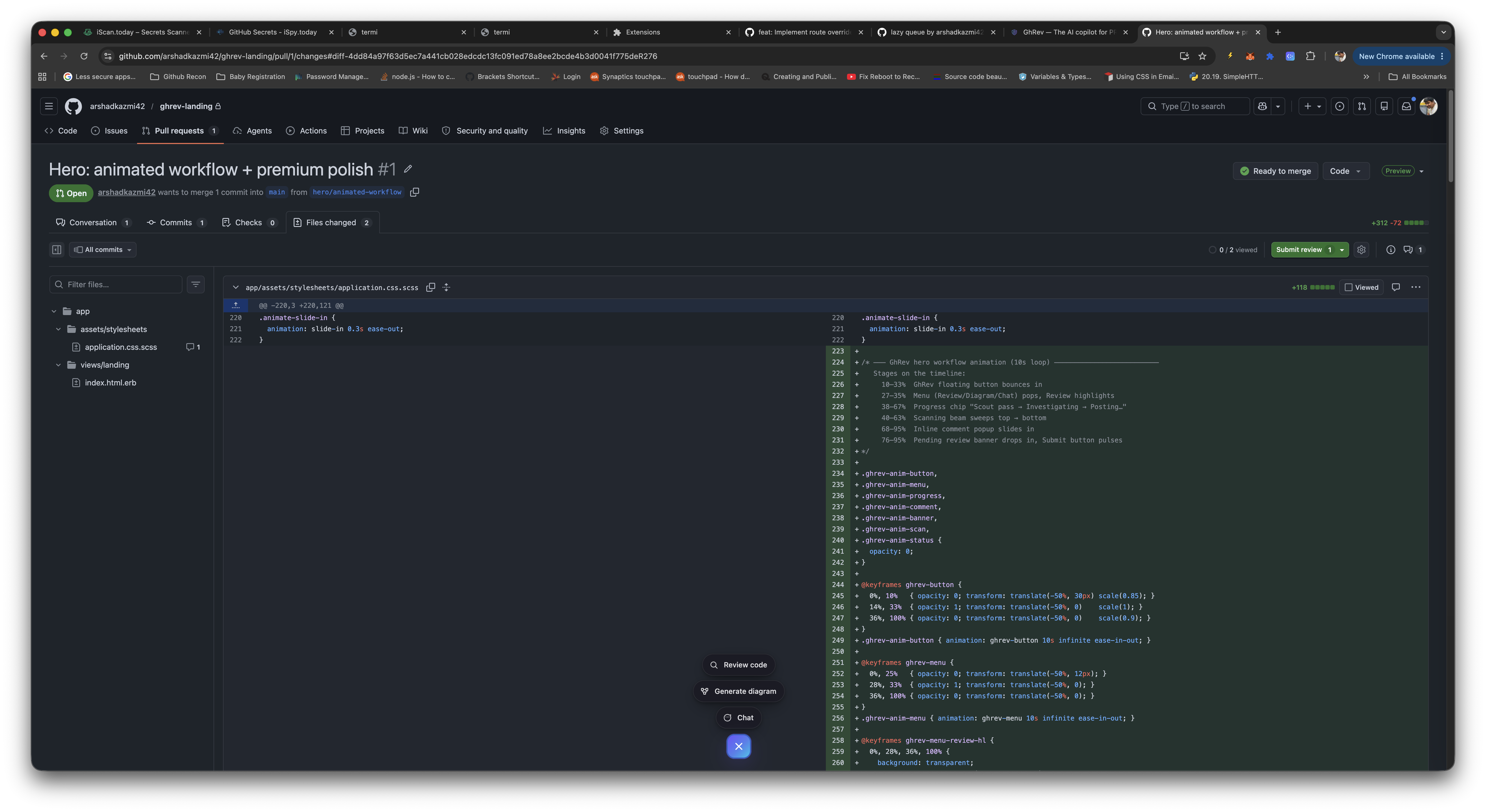GitHub PR with GhRev floating action button showing Review, Diagram, and Chat options