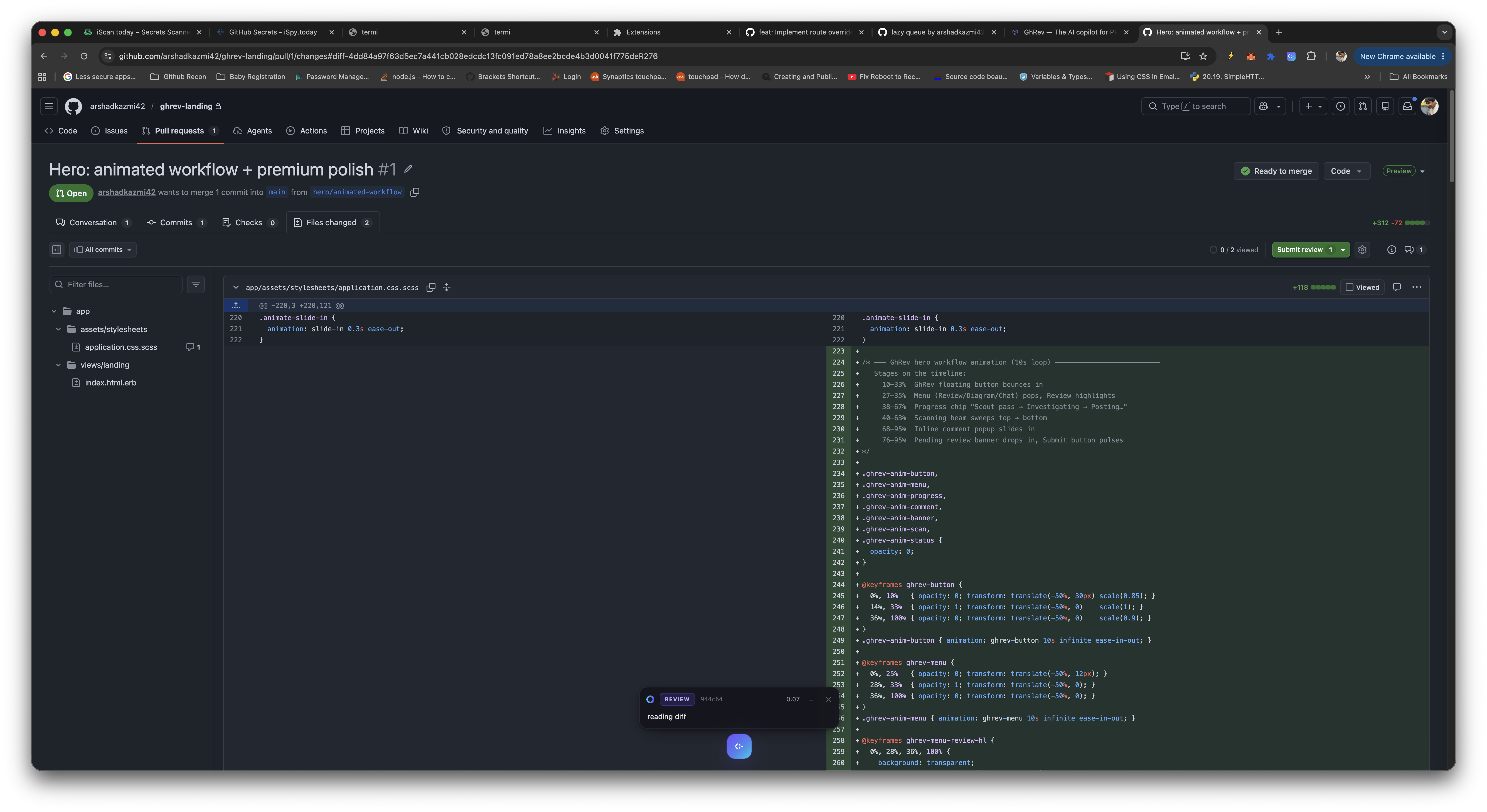 Review running locally with progress chip near the floating GhRev button