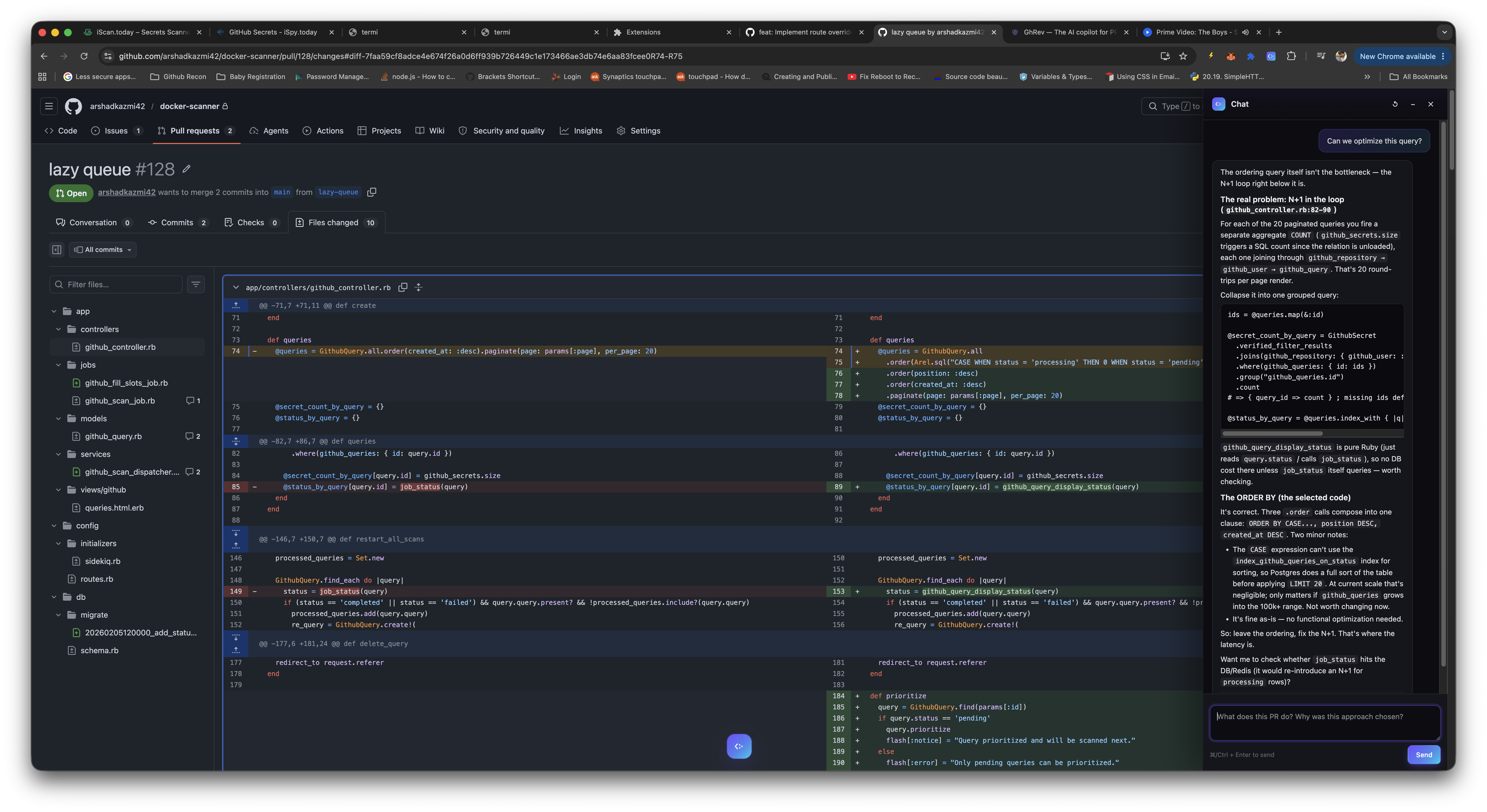 GhRev chat sidebar showing an AI answer grounded in the selected code